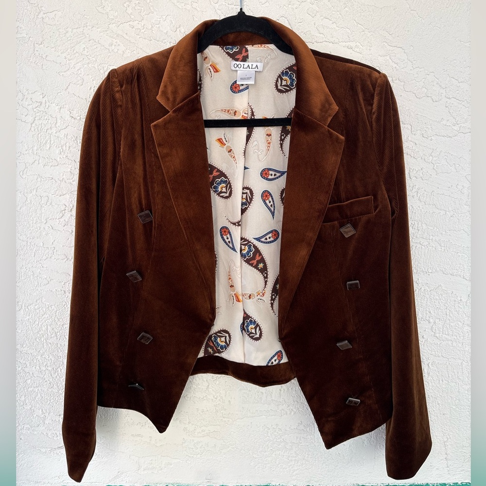 Oo La La Brown Velour Blazer Jacket Paisley Lining Peak Lapels Small